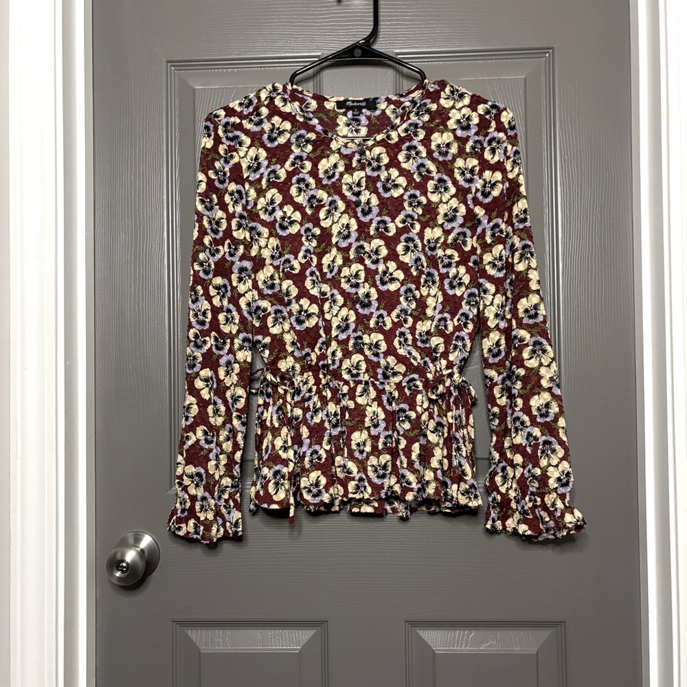Madewell Drawstring Ruffle-Hem Top Viola Floral Pansy Print S - Picture 10 of 10
